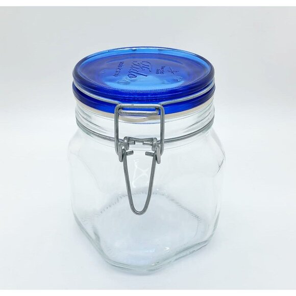 Bormioli Rocco Fido Italy Clear Glass Airtight Storage Jar Cobalt Blue Lid 3/4L - Picture 2 of 9